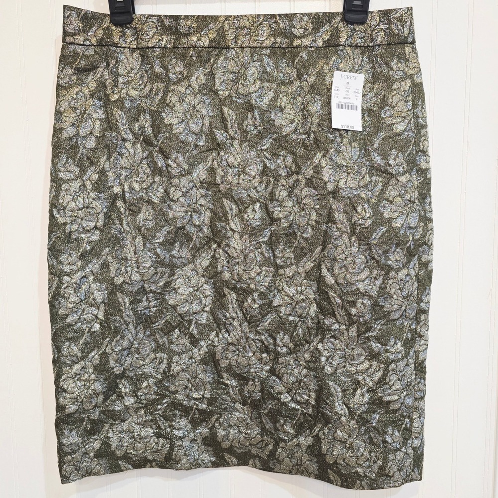 NWT J.Crew Metallic Floral Brocade Pencil Skirt Olive Silver Gold Womens 6‎